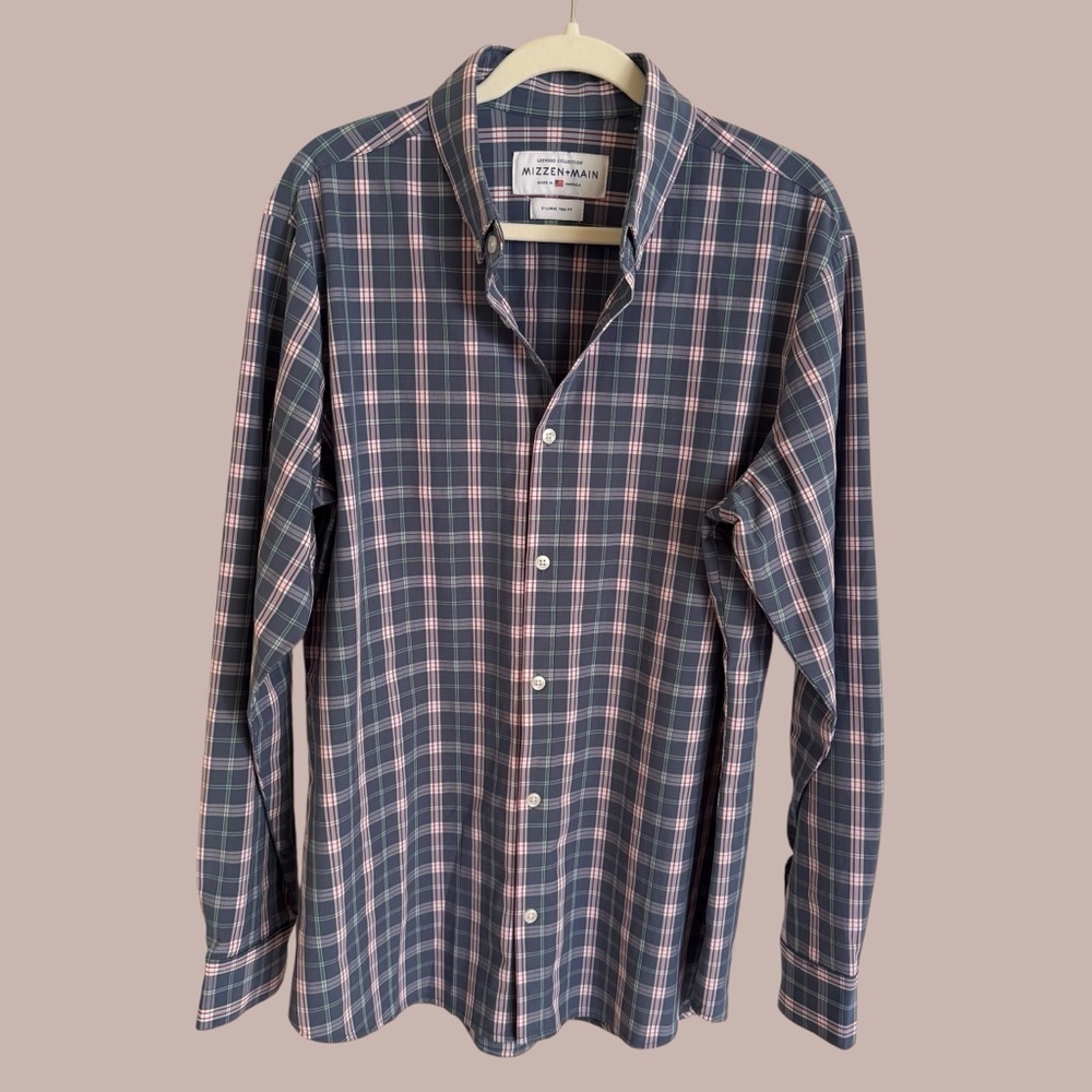 Mizzen & Main‎ Leeward Collection XL Trim Fit Plaid Button Up Shirt Blue Career
